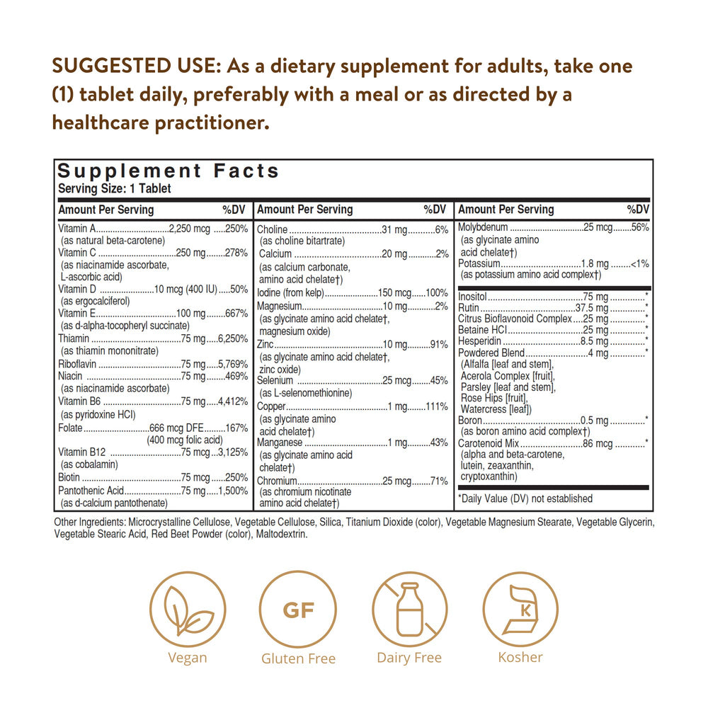 Solgar Iron-Free VM-75 tablets close-up for easy daily intake
