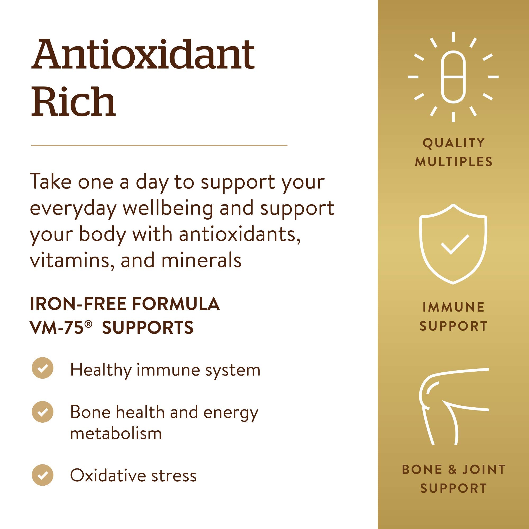 Solgar Iron-Free VM-75 bottle with glasses illustrating an easy daily ritual.