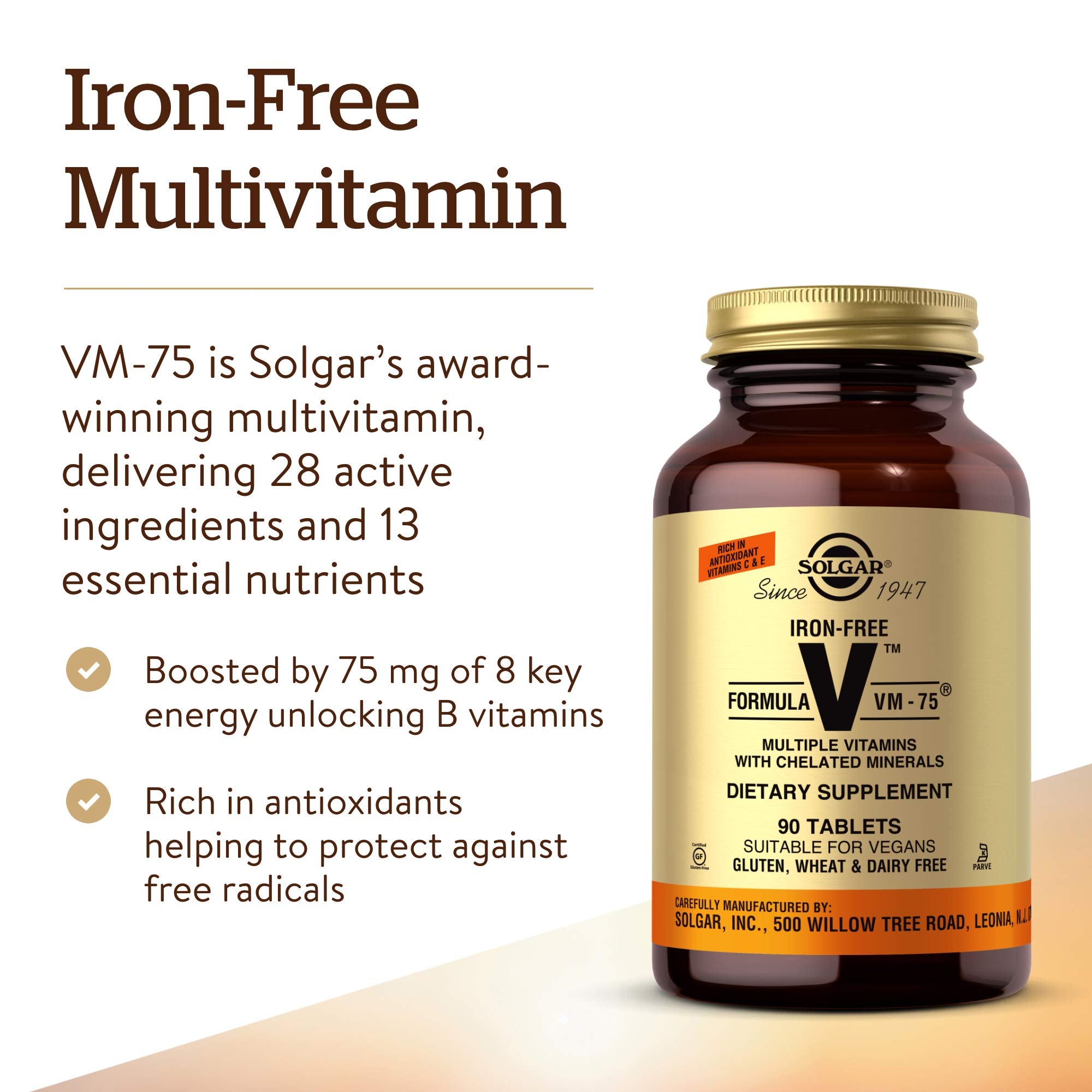 Solgar Iron-Free VM-75 label detail displaying vitamin and mineral blend.