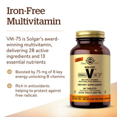 Solgar Iron-Free VM-75 label detail displaying vitamin and mineral blend.