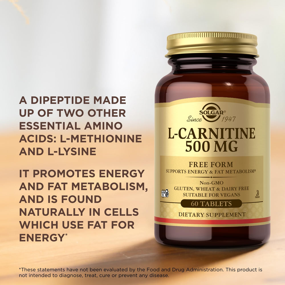 Solgar L-Carnitine non-GMO vegan gluten-free badge on packaging.