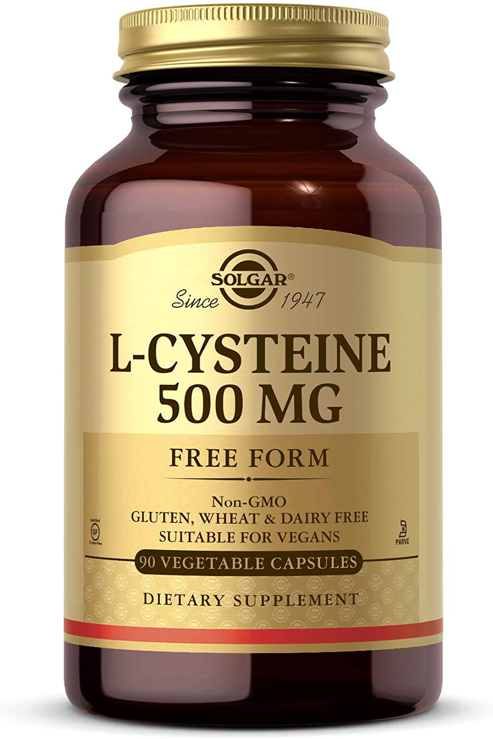 Solgar L-Cysteine 500 mg bottle close-up for keratin support.