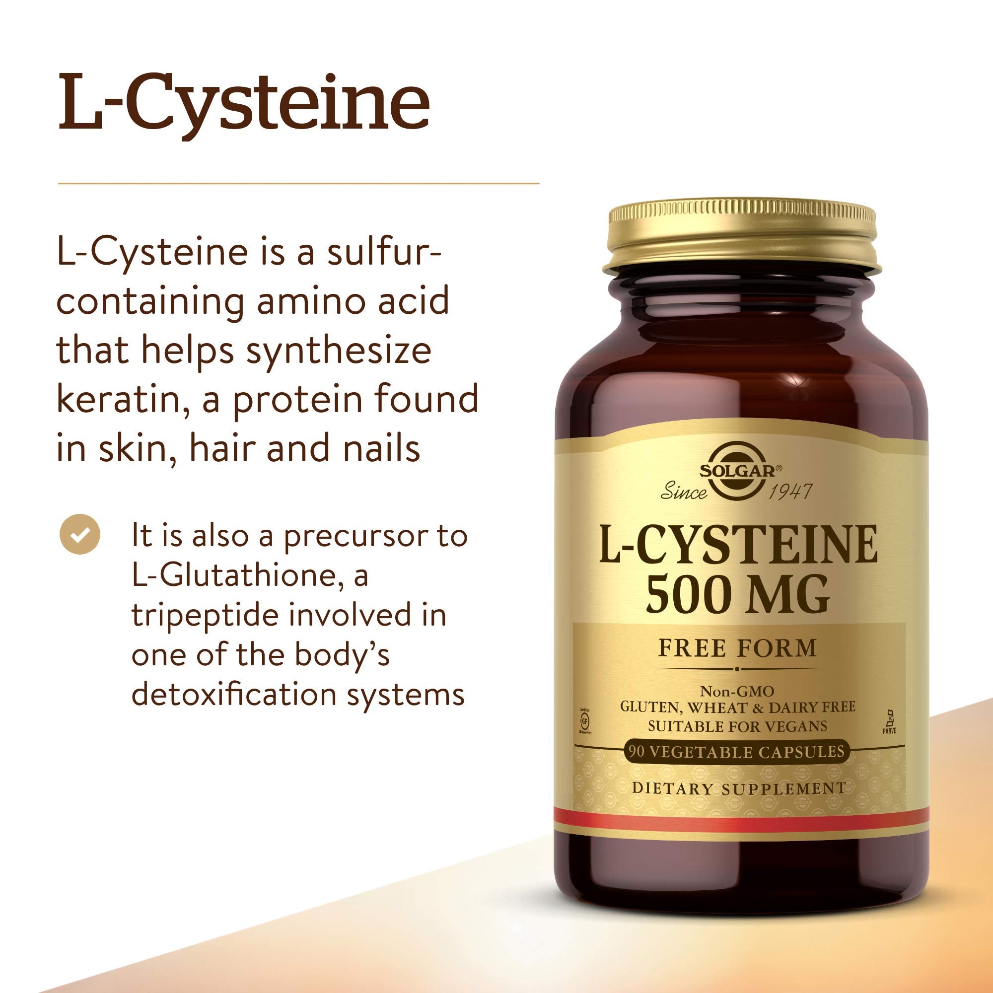 Solgar L-Cysteine bottle label highlights kosher and gluten-free status.