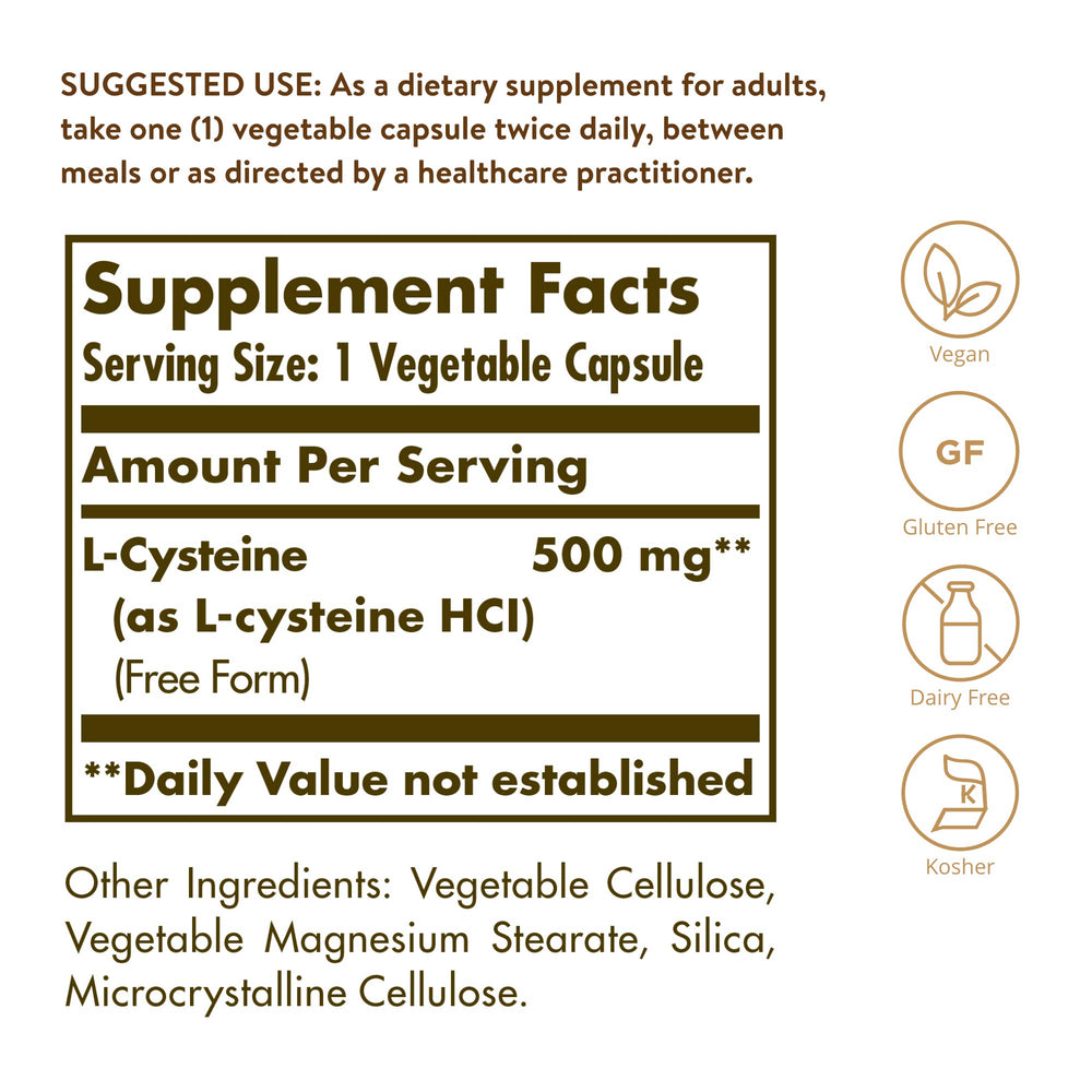 Solgar L-Cysteine capsules poured for optimal absorption.