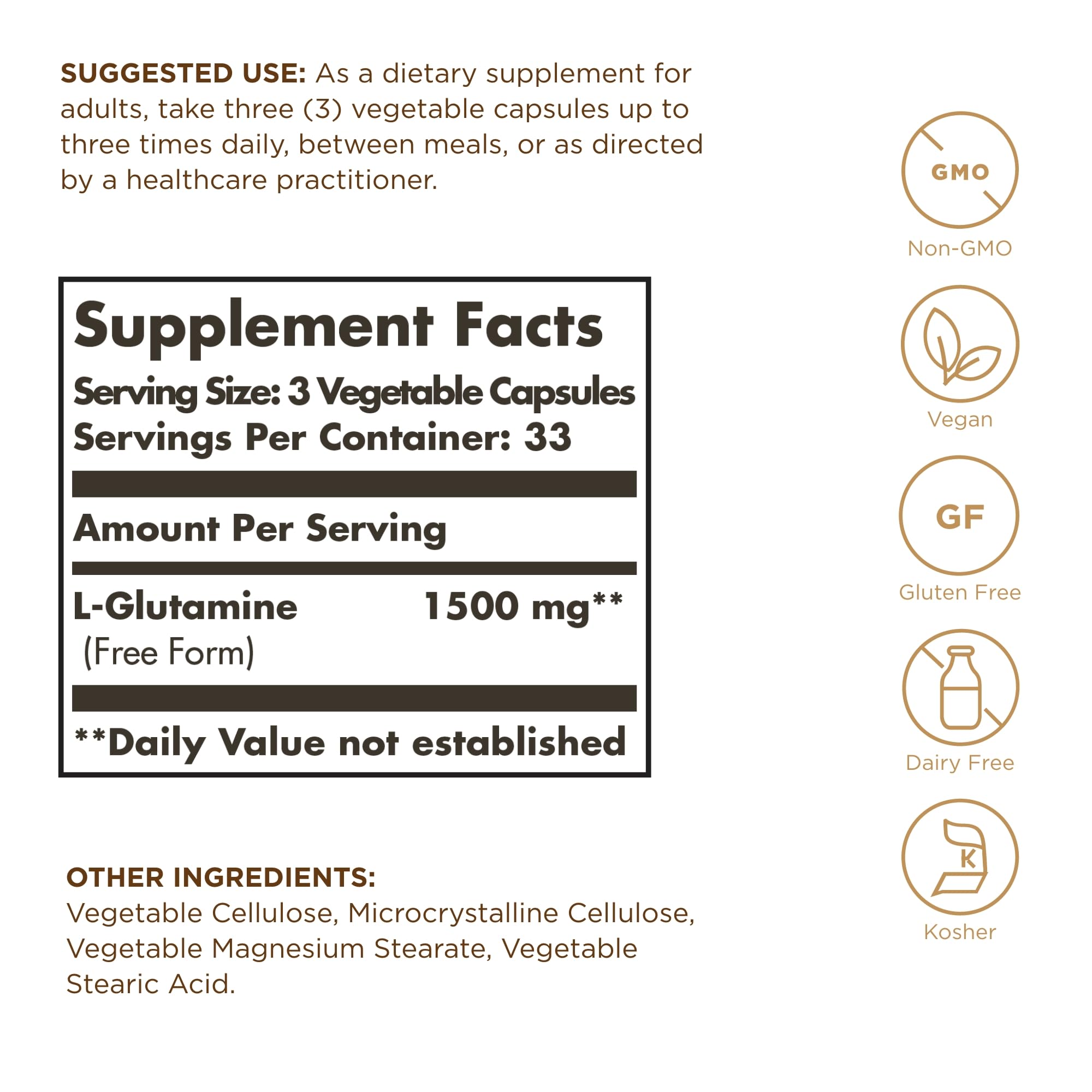 Solgar L-Glutamine capsules close-up showing free-form absorption benefits.