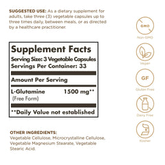 Solgar L-Glutamine capsules close-up showing free-form absorption benefits.