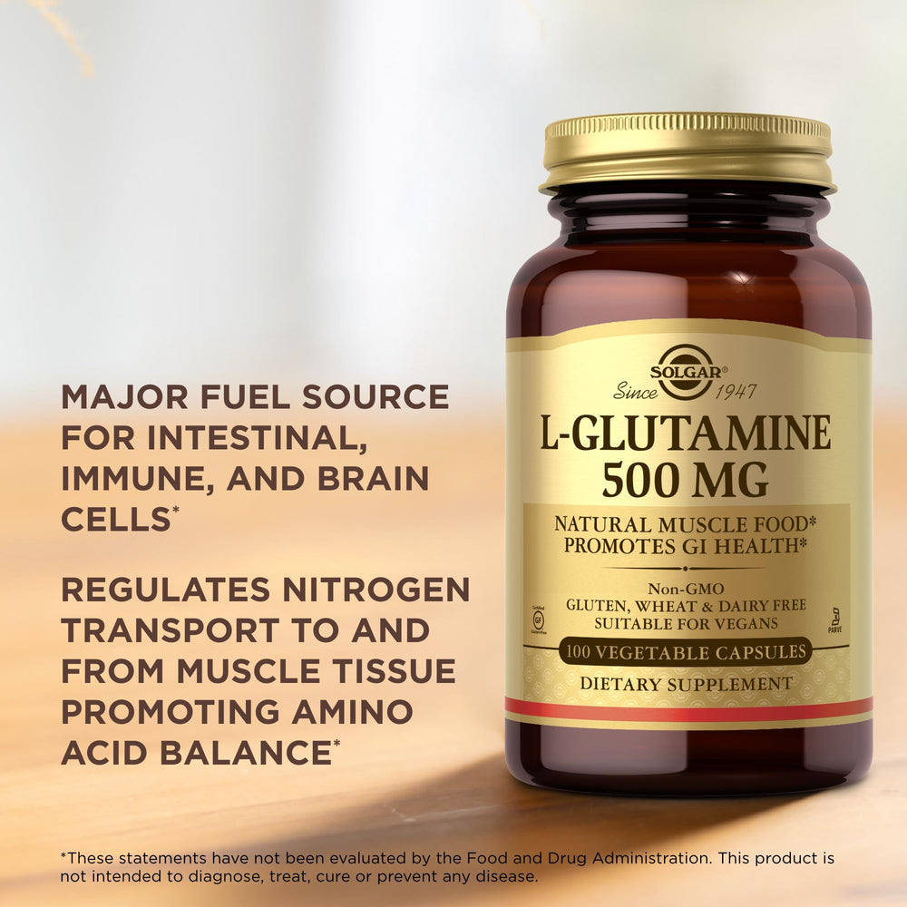 Solgar L-Glutamine on a kitchen counter; convenient daily use packaging.