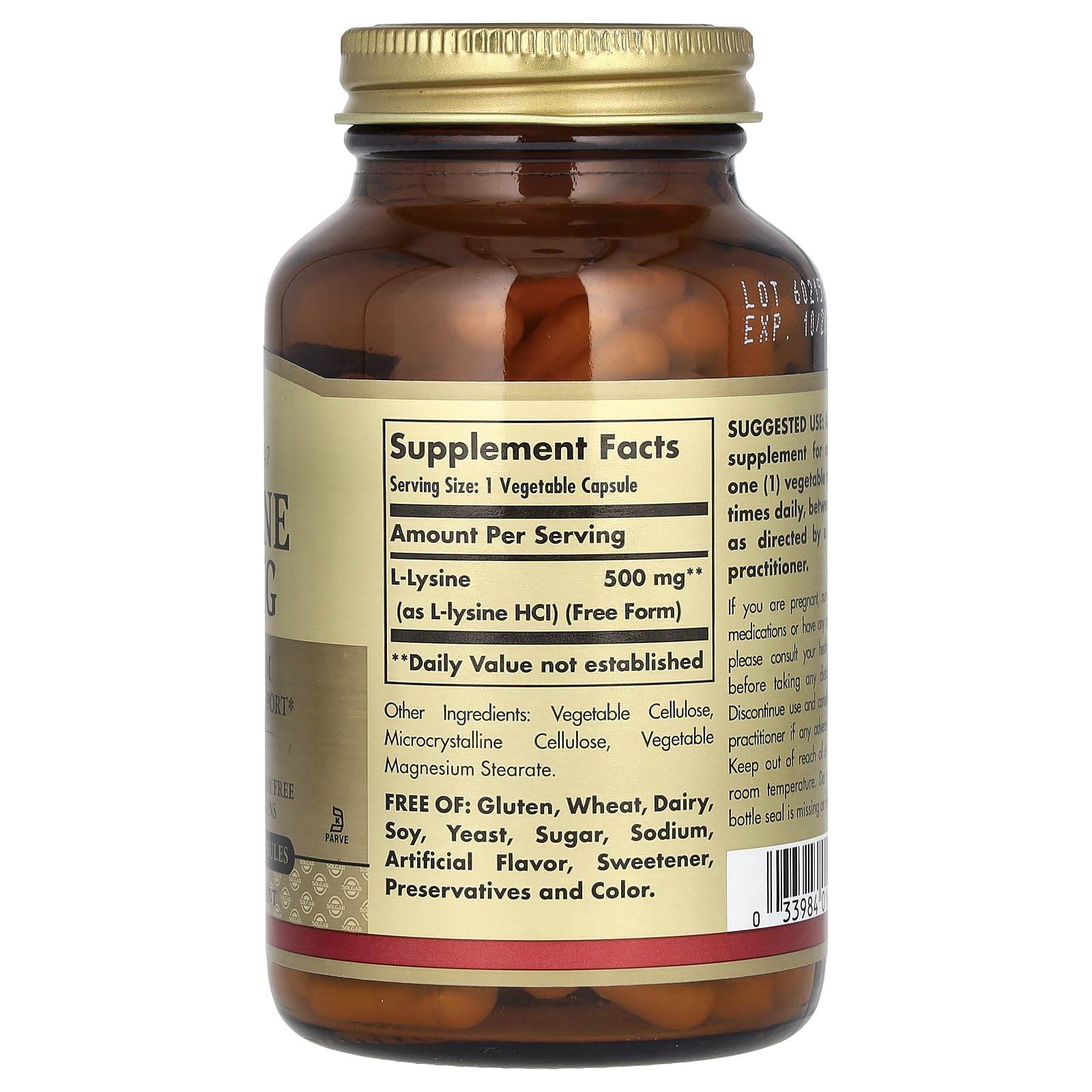 Solgar L-Lysine packaging emphasizing non-GMO and gluten-free features.