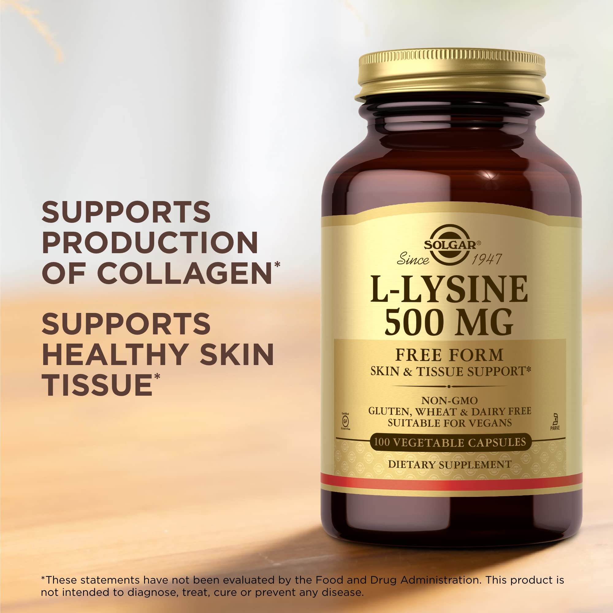 Solgar L-Lysine label shows vegan and kosher certifications.