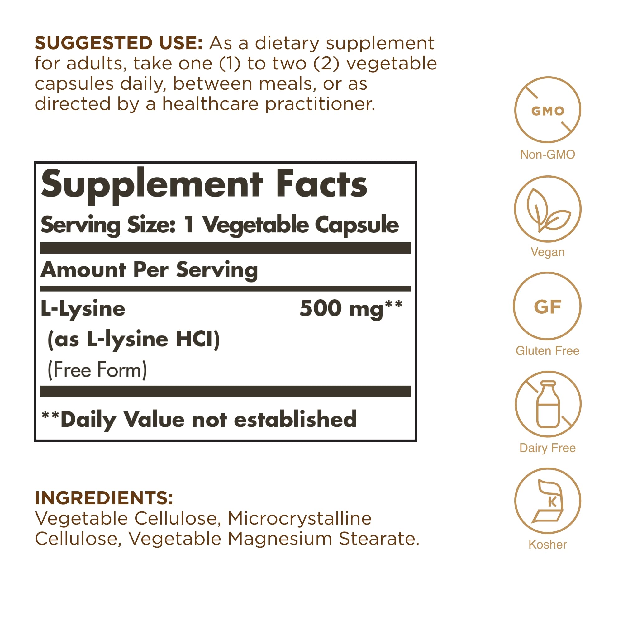 Solgar L-Lysine veggie capsules close-up showing vegan formula.
