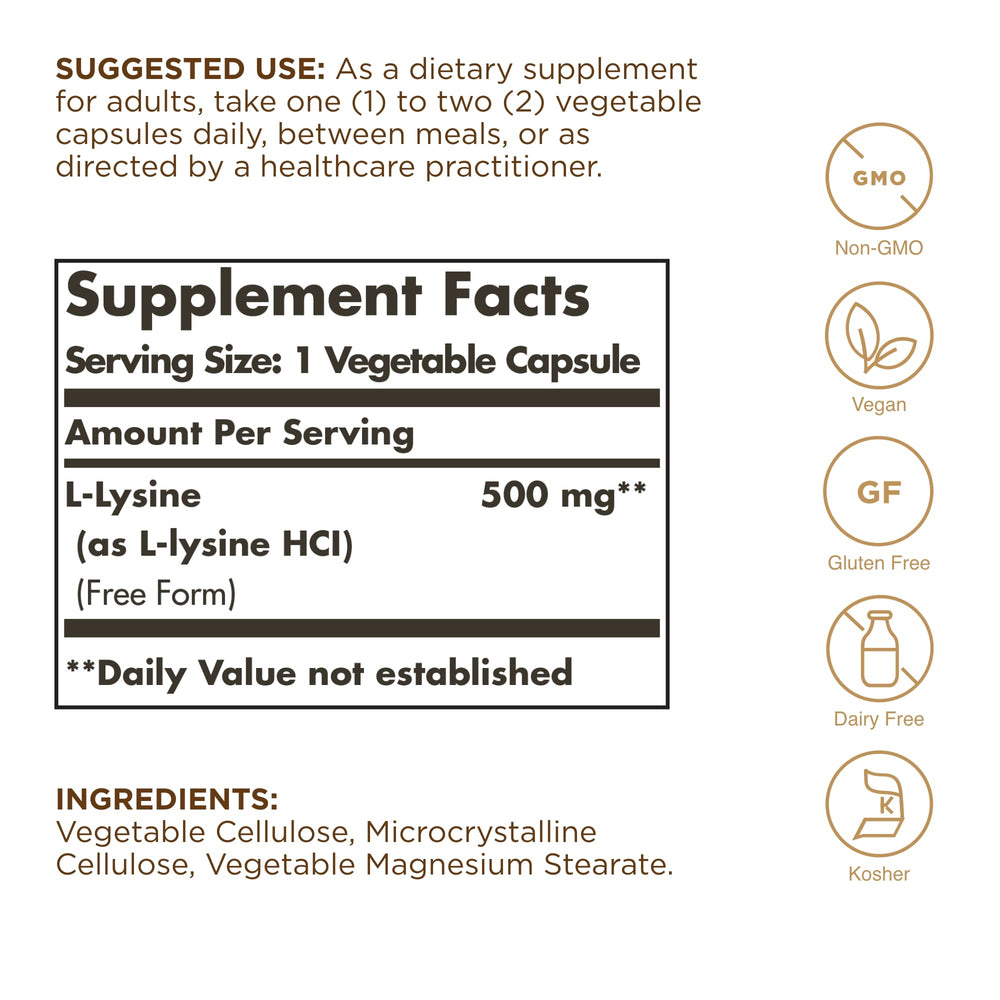 Solgar L-Lysine veggie capsules close-up showing vegan formula.