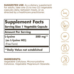 Solgar L-Lysine veggie capsules close-up showing vegan formula.