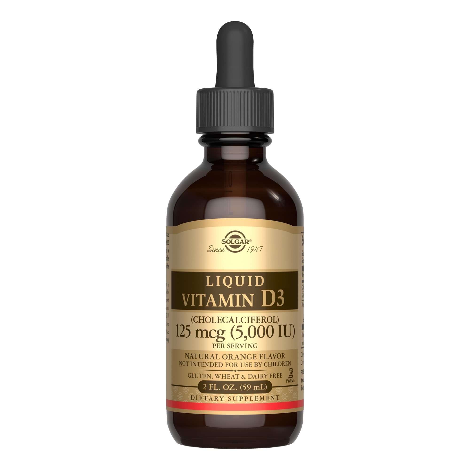Solgar Liquid Vitamin D3 orange bottle pouring for easy daily supplementation
