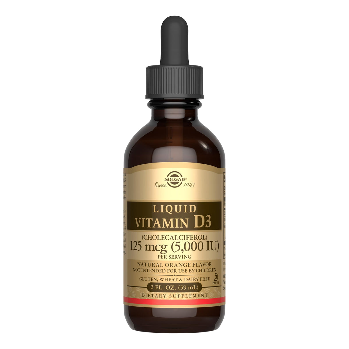 Solgar Liquid Vitamin D3 orange bottle pouring for easy daily supplementation