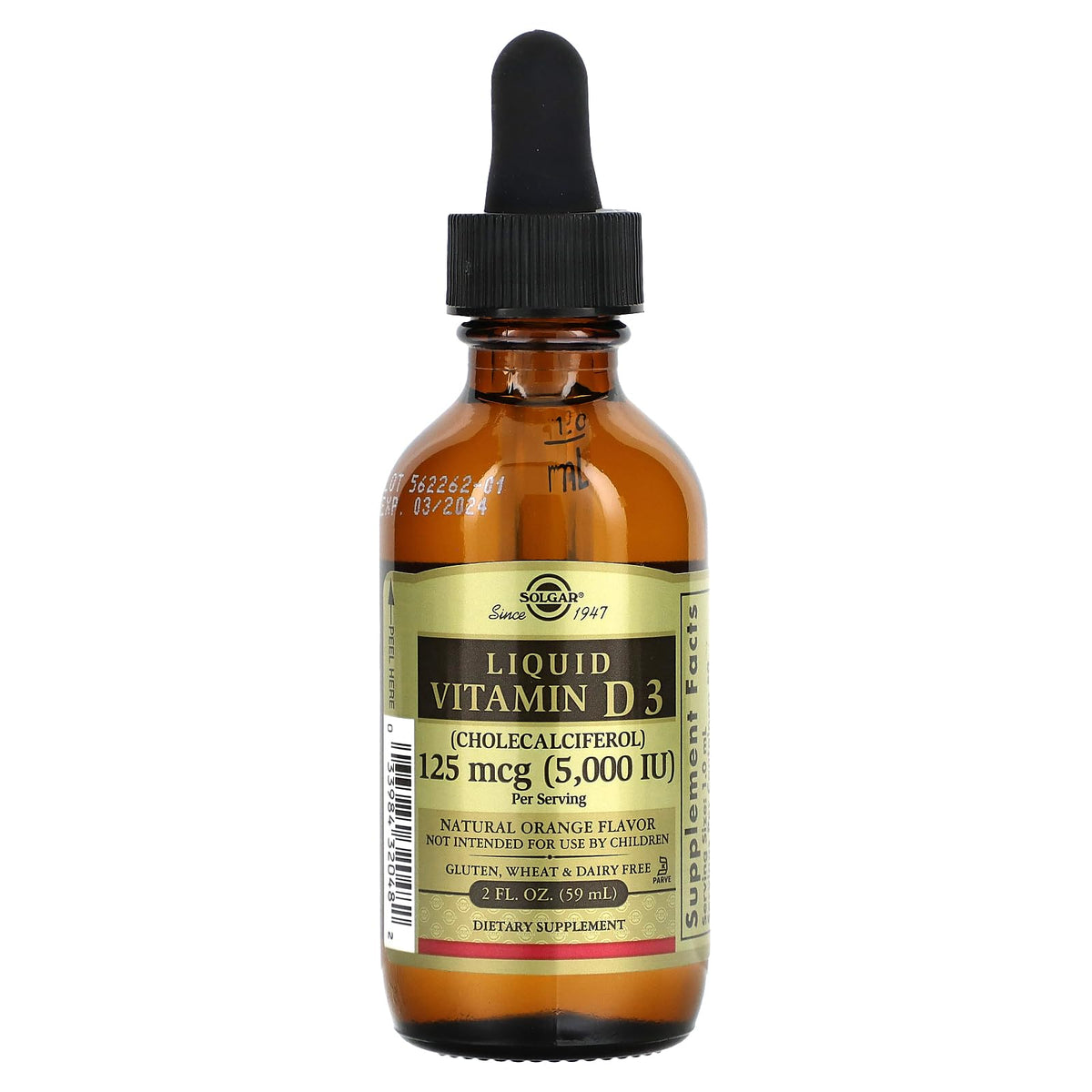 Solgar Liquid Vitamin D3 orange bottle supports bone health