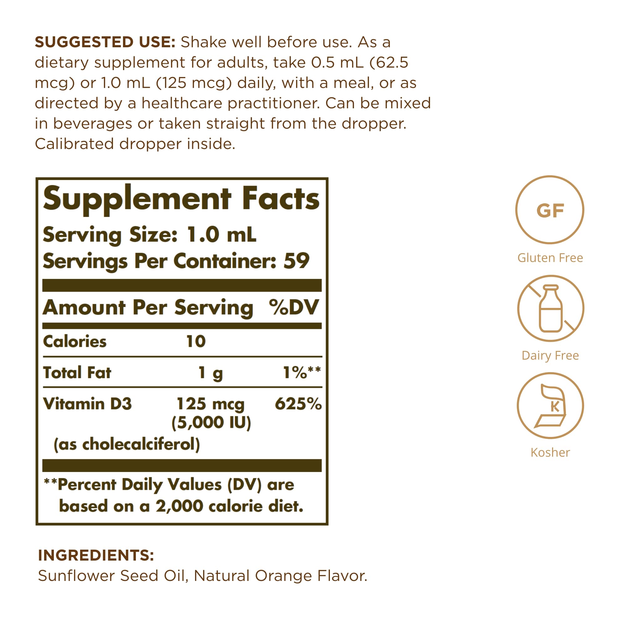 Solgar Liquid Vitamin D3 orange bottle closeup label highlights dosage and quality.