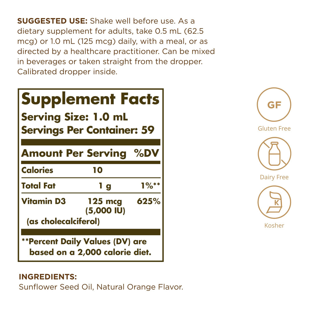 Solgar Liquid Vitamin D3 orange bottle closeup label highlights dosage and quality.