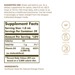 Solgar Liquid Vitamin D3 orange bottle closeup label highlights dosage and quality.