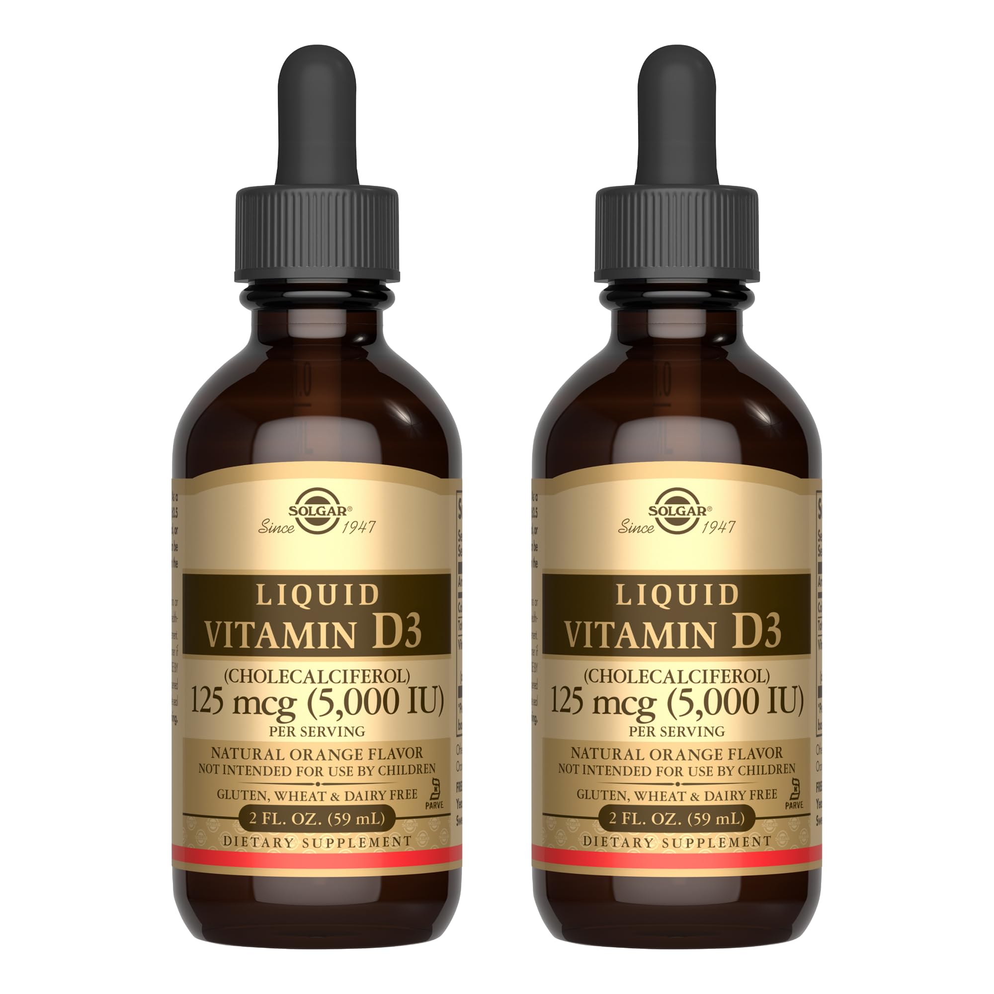 Solgar Liquid Vitamin D3 orange bottle pour shows easy daily supplementation.
