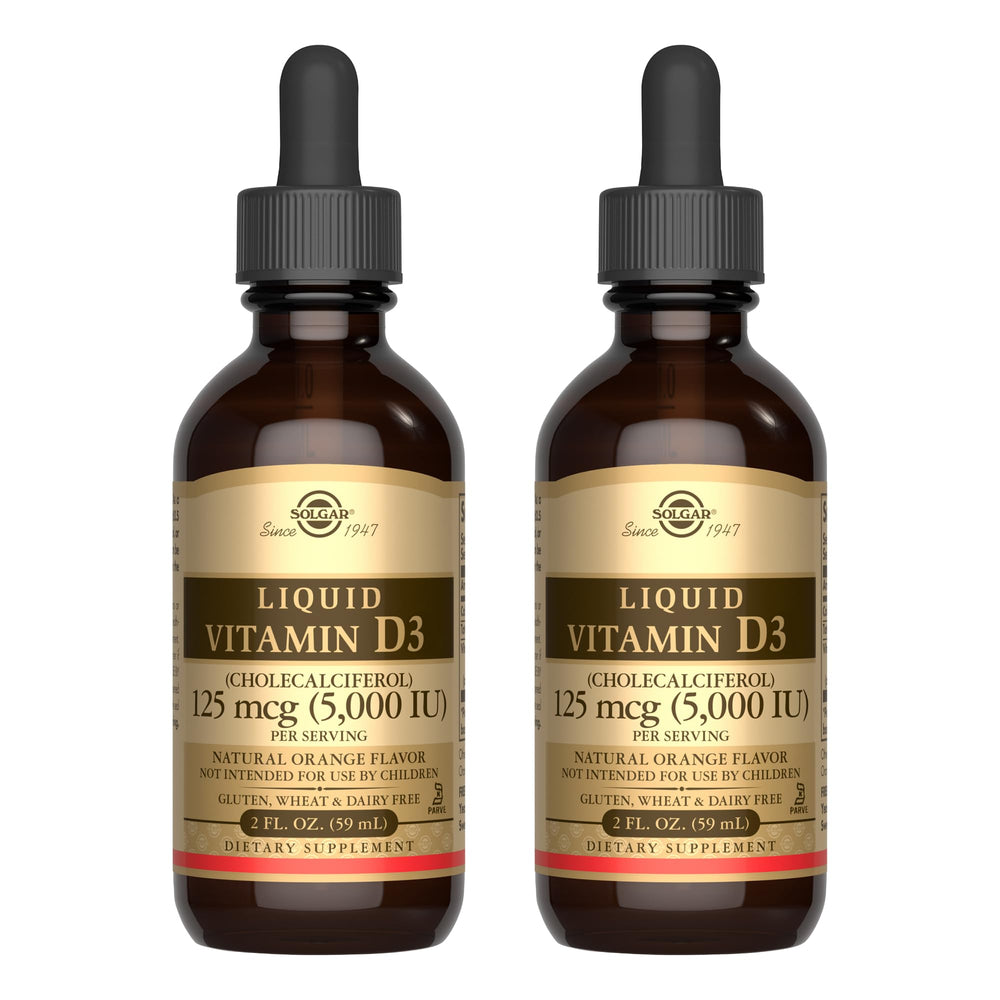 Solgar Liquid Vitamin D3 orange bottle pour shows easy daily supplementation.
