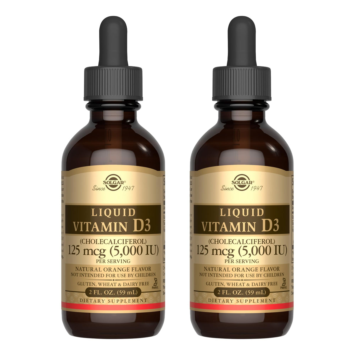 Solgar Liquid Vitamin D3 orange bottle pour shows easy daily supplementation.
