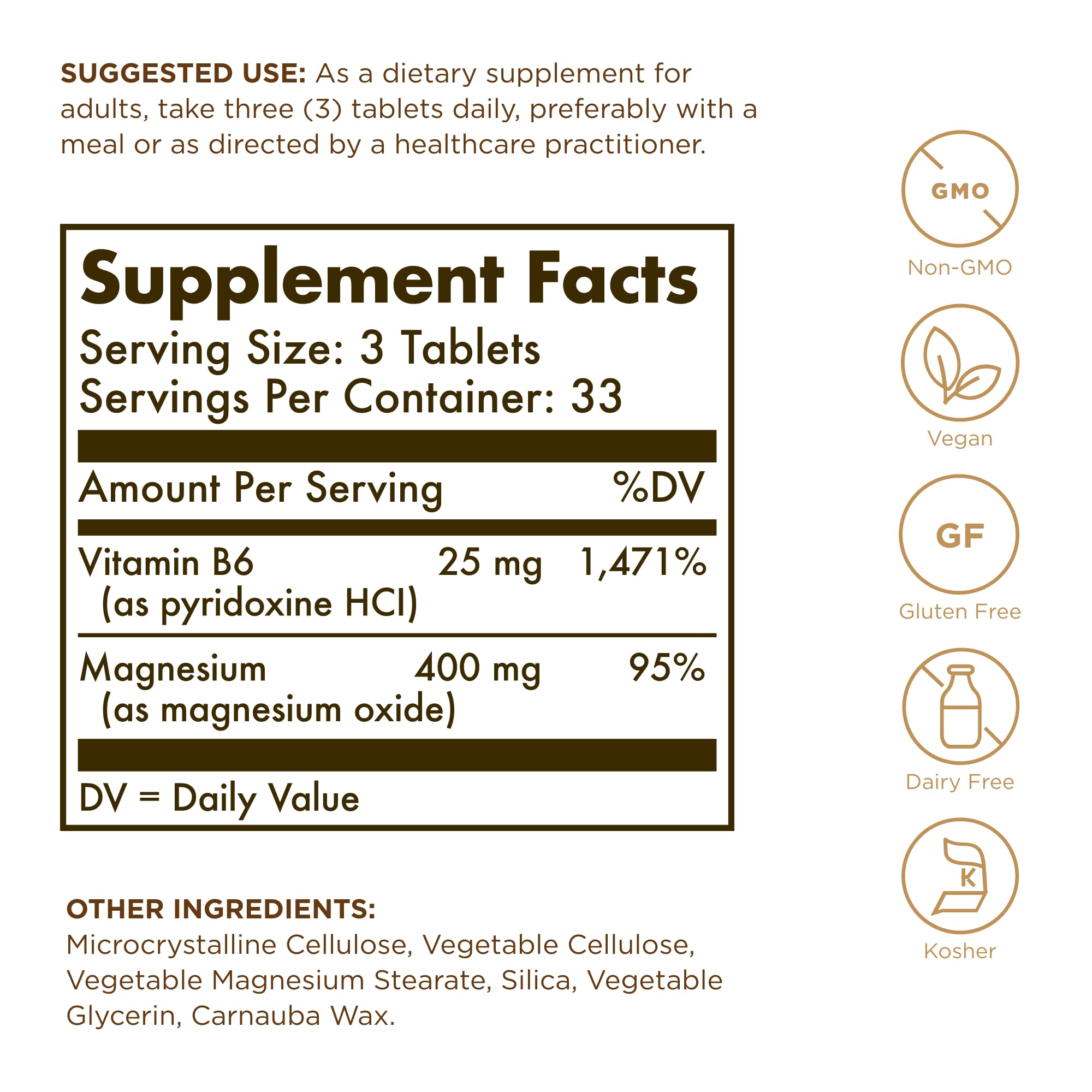 Solgar Magnesium 100 Tabs label closeup highlighting brand reliability