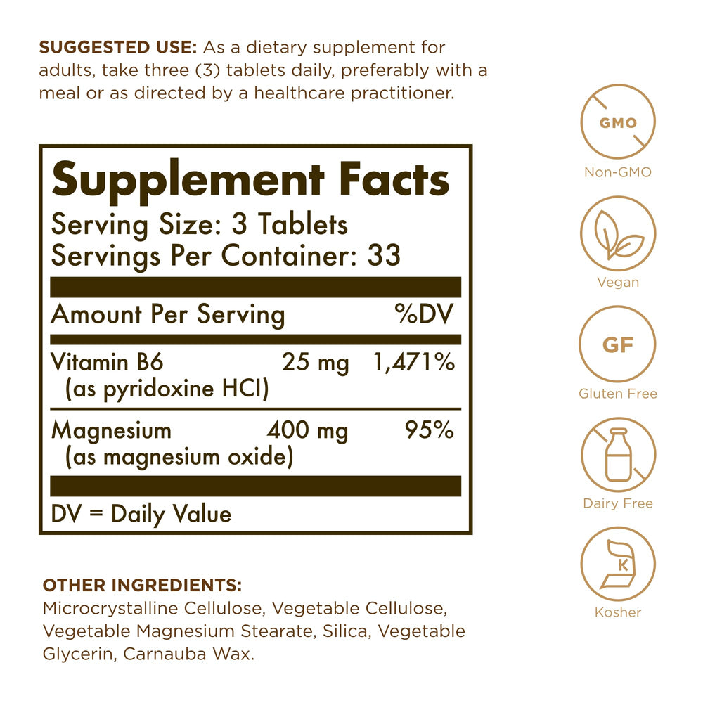 Solgar Magnesium 100 Tabs label closeup highlighting brand reliability