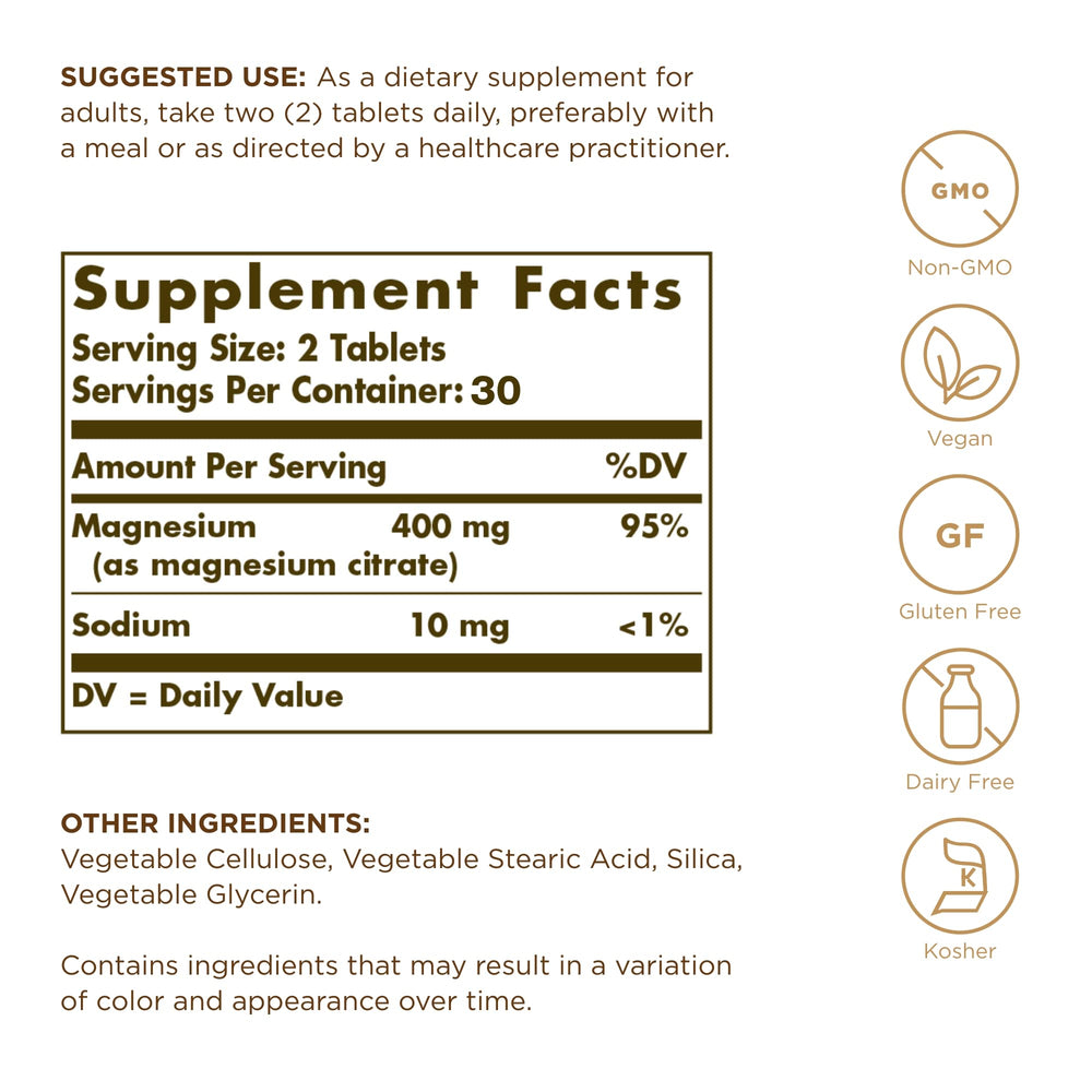Solgar Magnesium Citrate bottle pour shows convenient daily use for nerve and muscle function