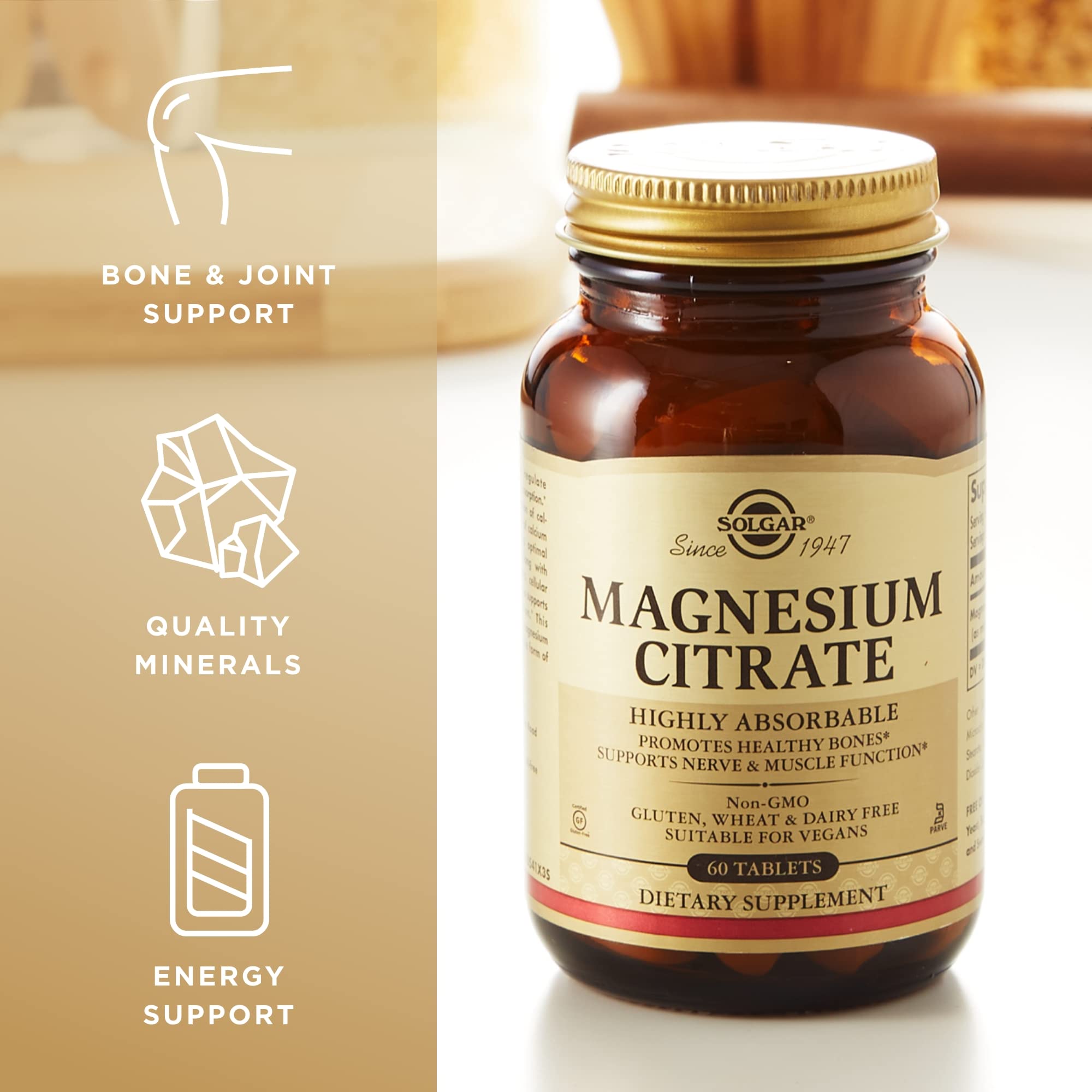 Solgar Magnesium Citrate gluten-free claim on packaging supports allergy-conscious shoppers