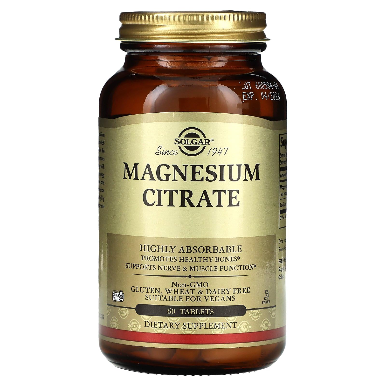 Solgar Magnesium Citrate label detail highlights packaging clarity and non-GMO status
