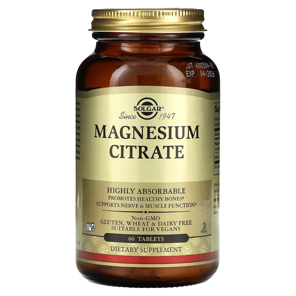 Solgar Magnesium Citrate label detail highlights packaging clarity and non-GMO status