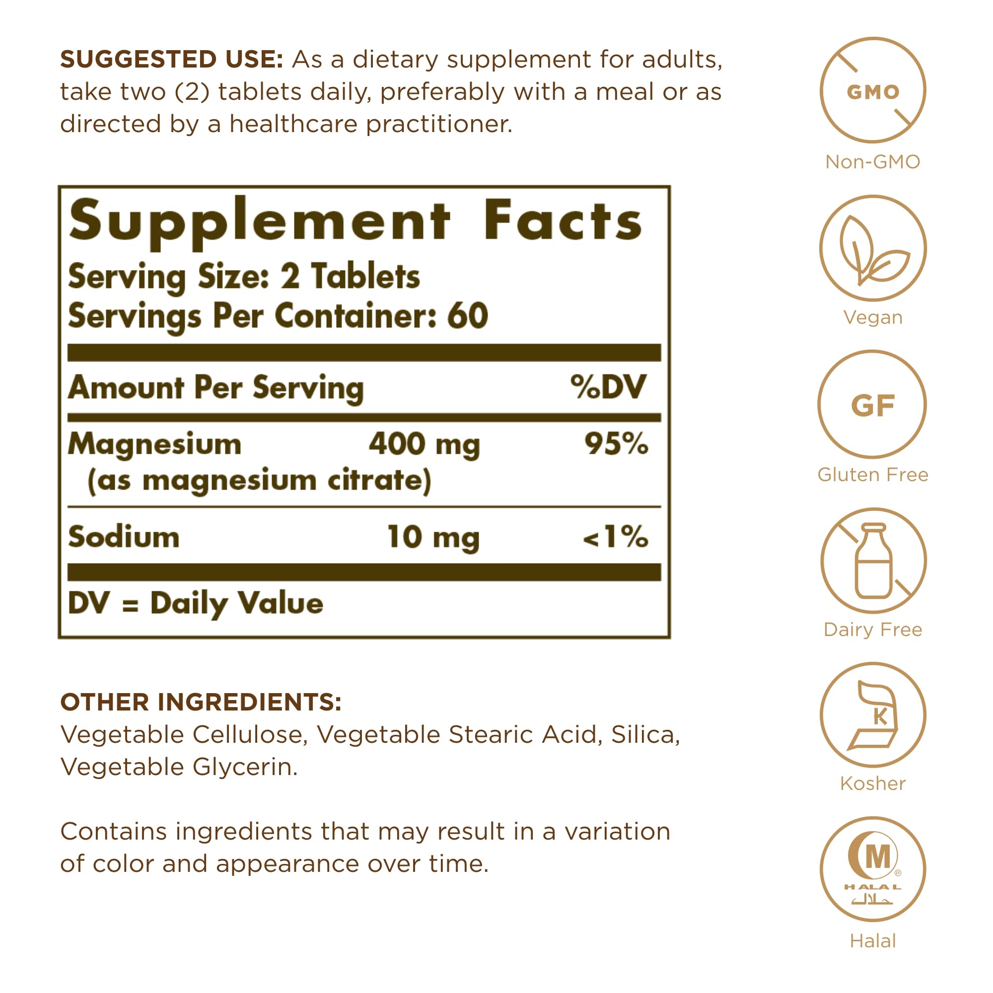 Close-up of Solgar Magnesium Citrate tablets showing compact, easy-to-swallow form