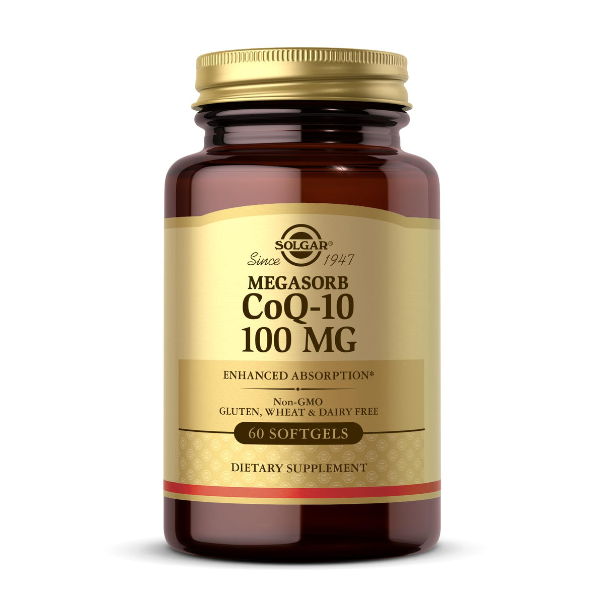 Solgar Megasorb CoQ-10 softgel bottle with oil-based formula for better absorption.
