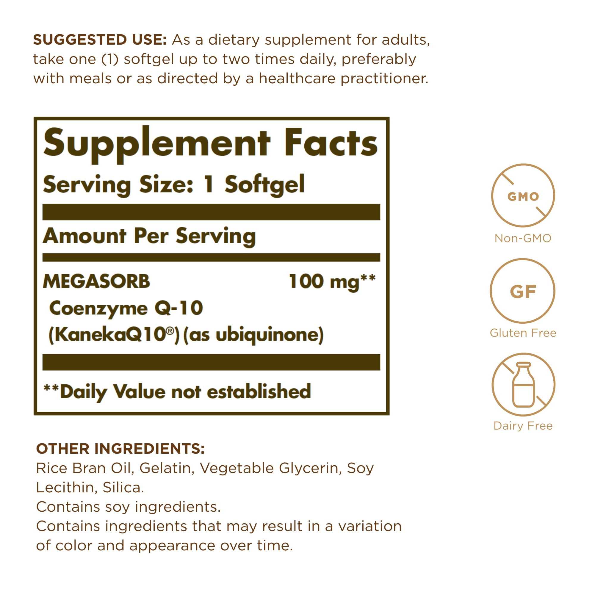 Solgar Megasorb CoQ-10 softgel close-up highlighting easy-to-swallow capsule.