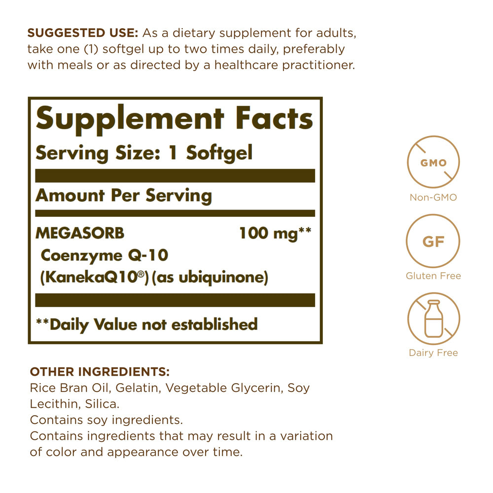 Solgar Megasorb CoQ-10 softgel close-up highlighting easy-to-swallow capsule.
