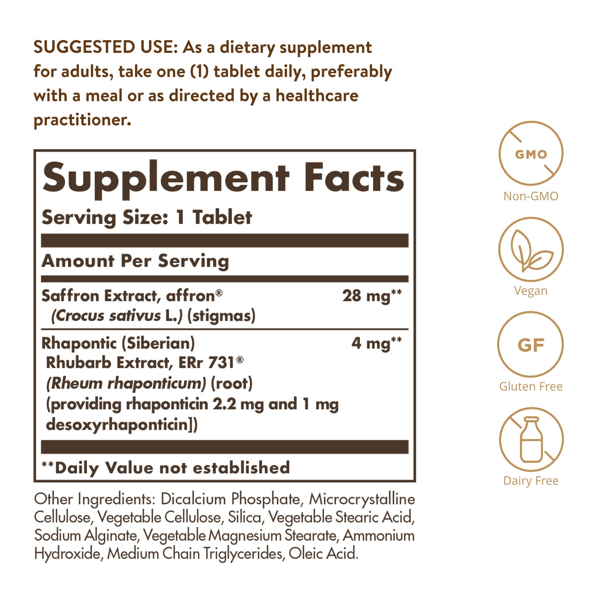 Solgar Menopause Relief bottle back with label details and dosage info
