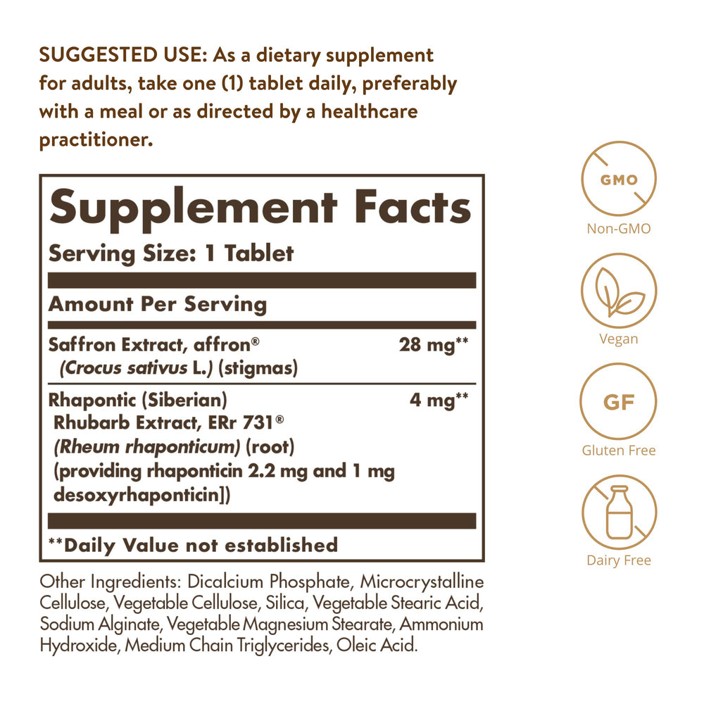 Solgar Menopause Relief bottle back with label details and dosage info