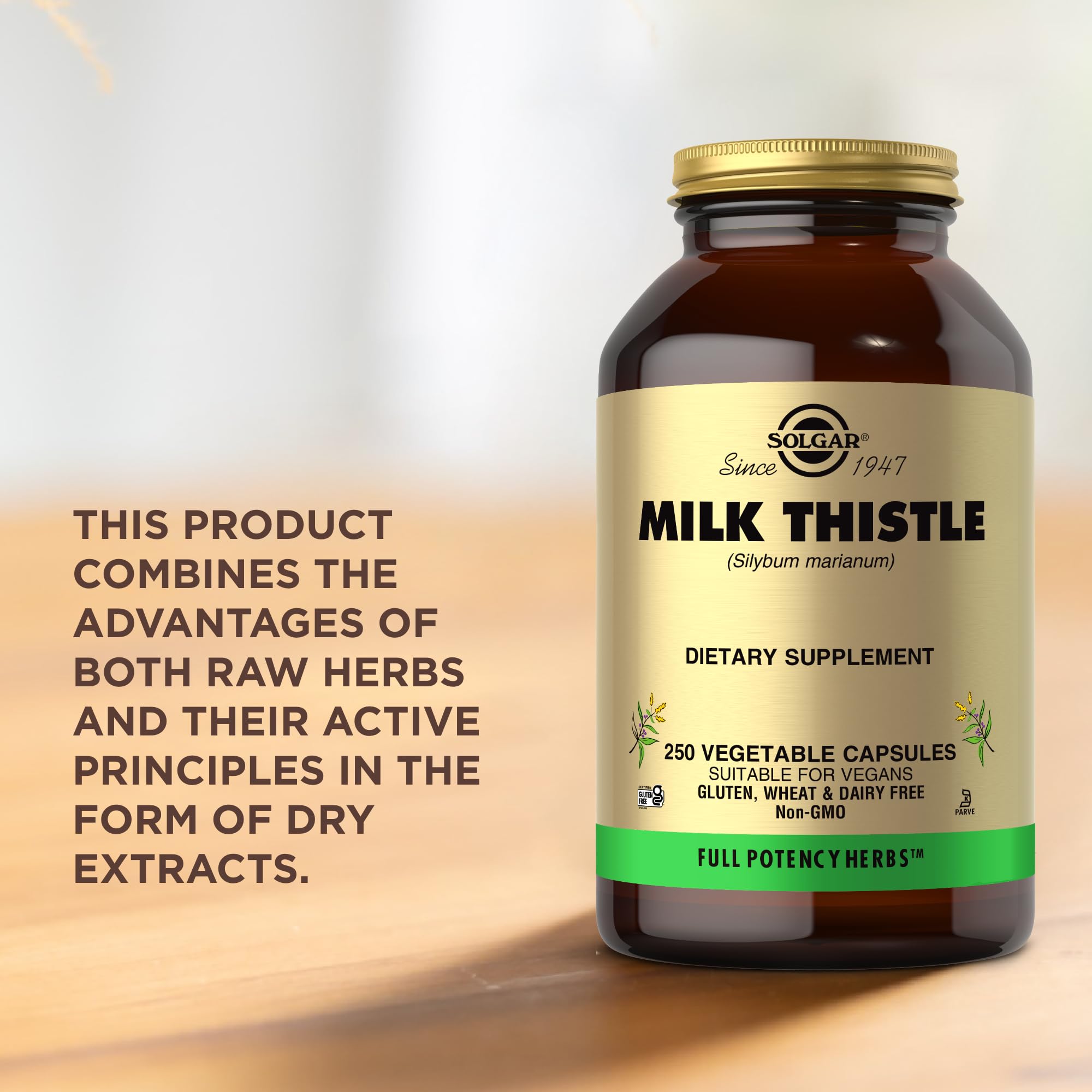 Solgar Milk Thistle bottle on shelf in a calm wellness space
