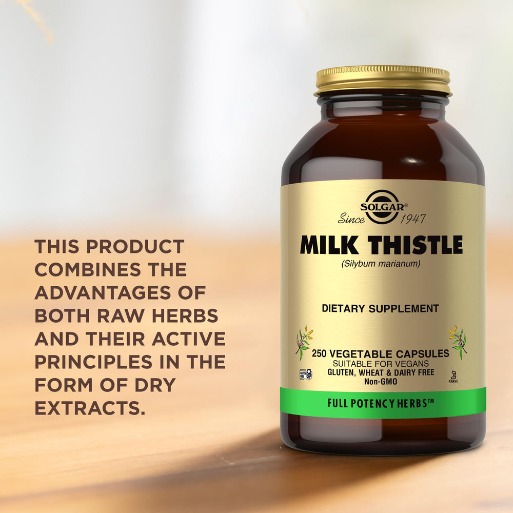 Solgar Milk Thistle bottle on shelf in a calm wellness space