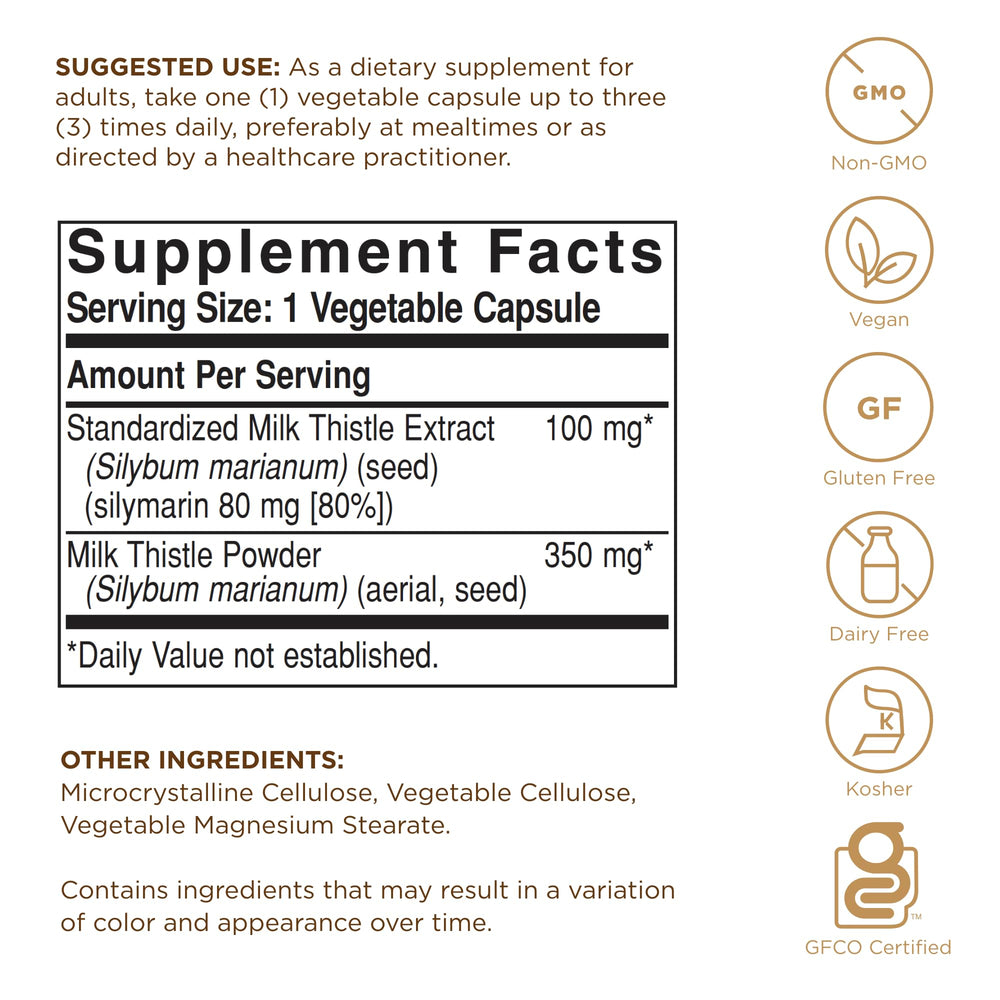 Solgar Milk Thistle capsules close-up showing veggie capsules