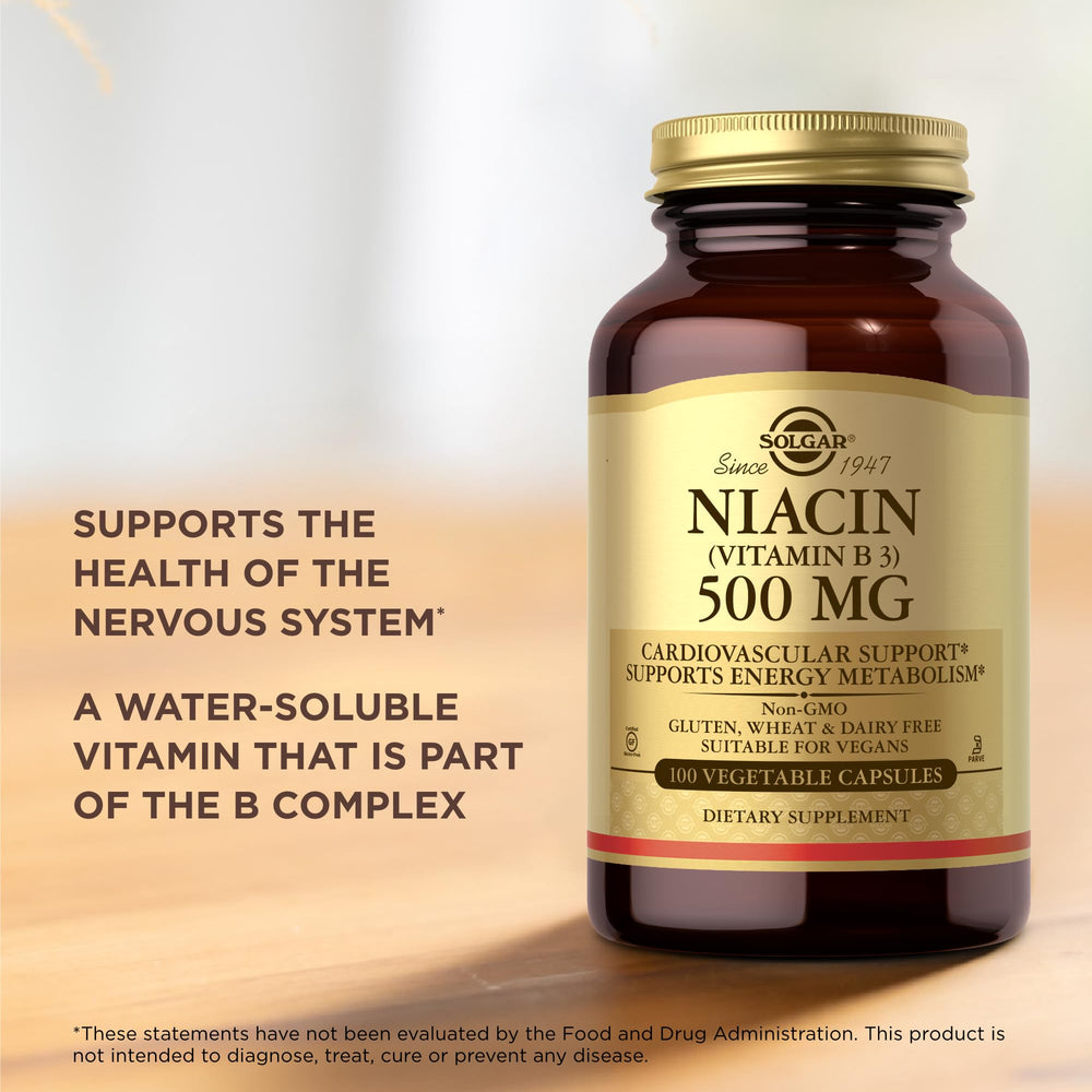 Solgar Niacin 500 mg bottle cap and label shown clearly