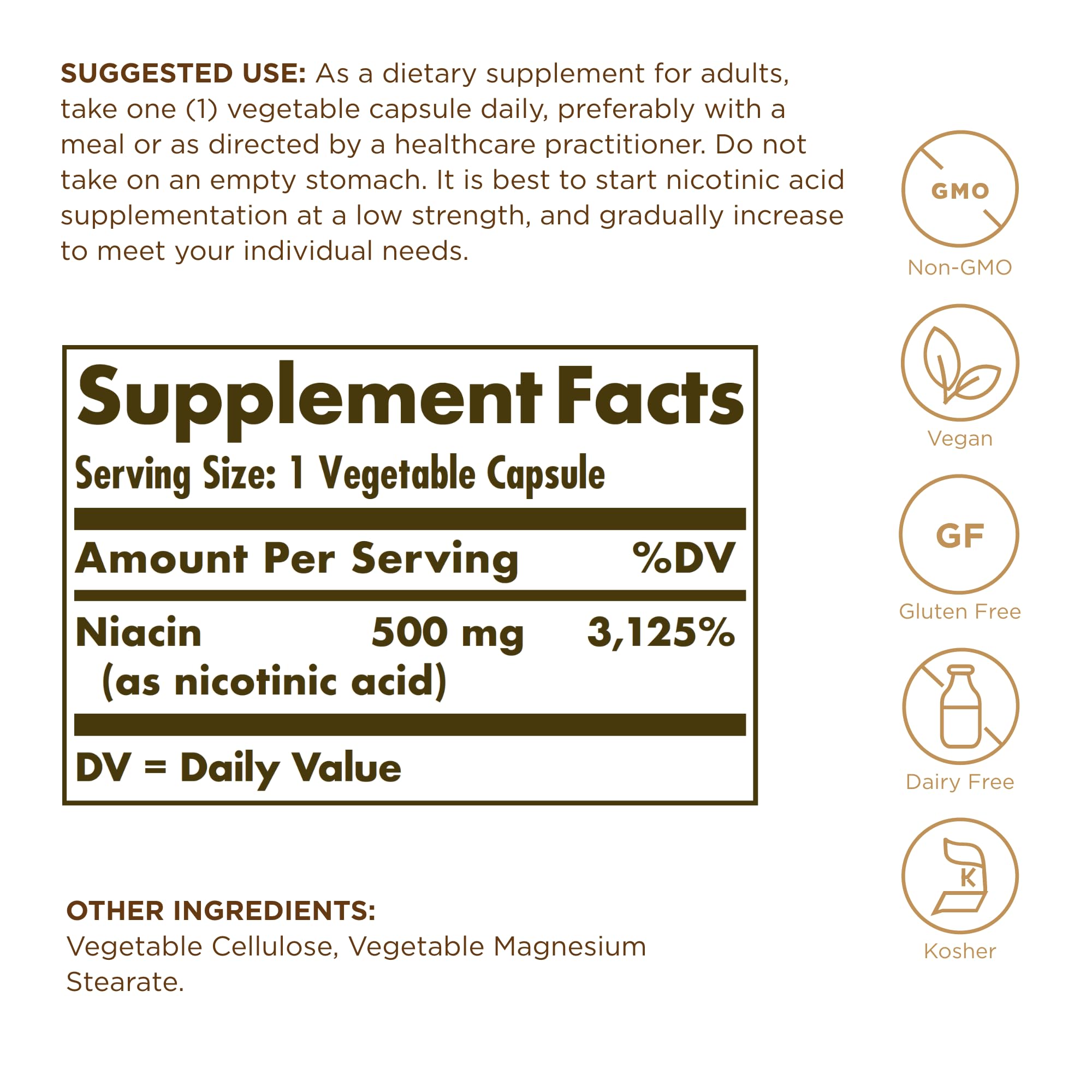 Solgar Niacin 500 mg capsules close-up in bottle, vegetarian format