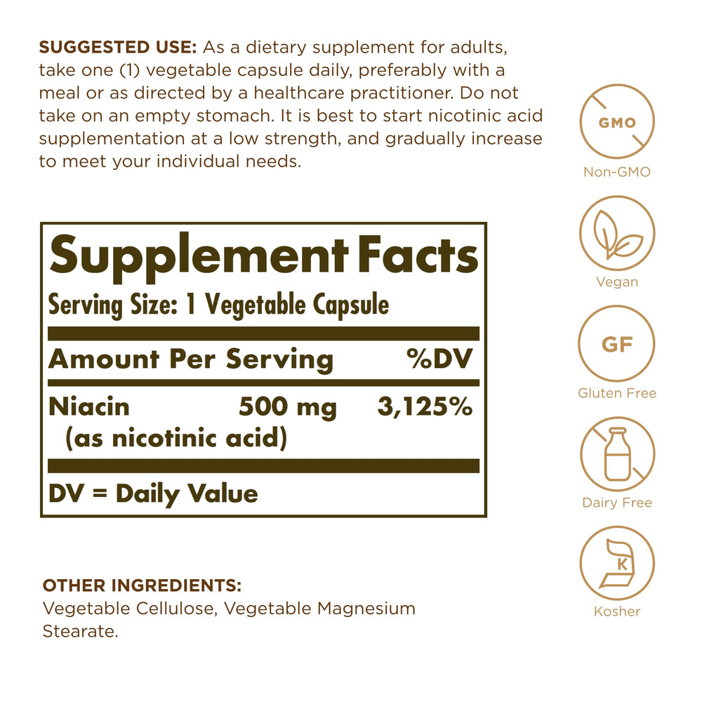 Solgar Niacin 500 mg capsules close-up in bottle, vegetarian format