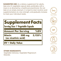Solgar Niacin 500 mg capsules close-up in bottle, vegetarian format