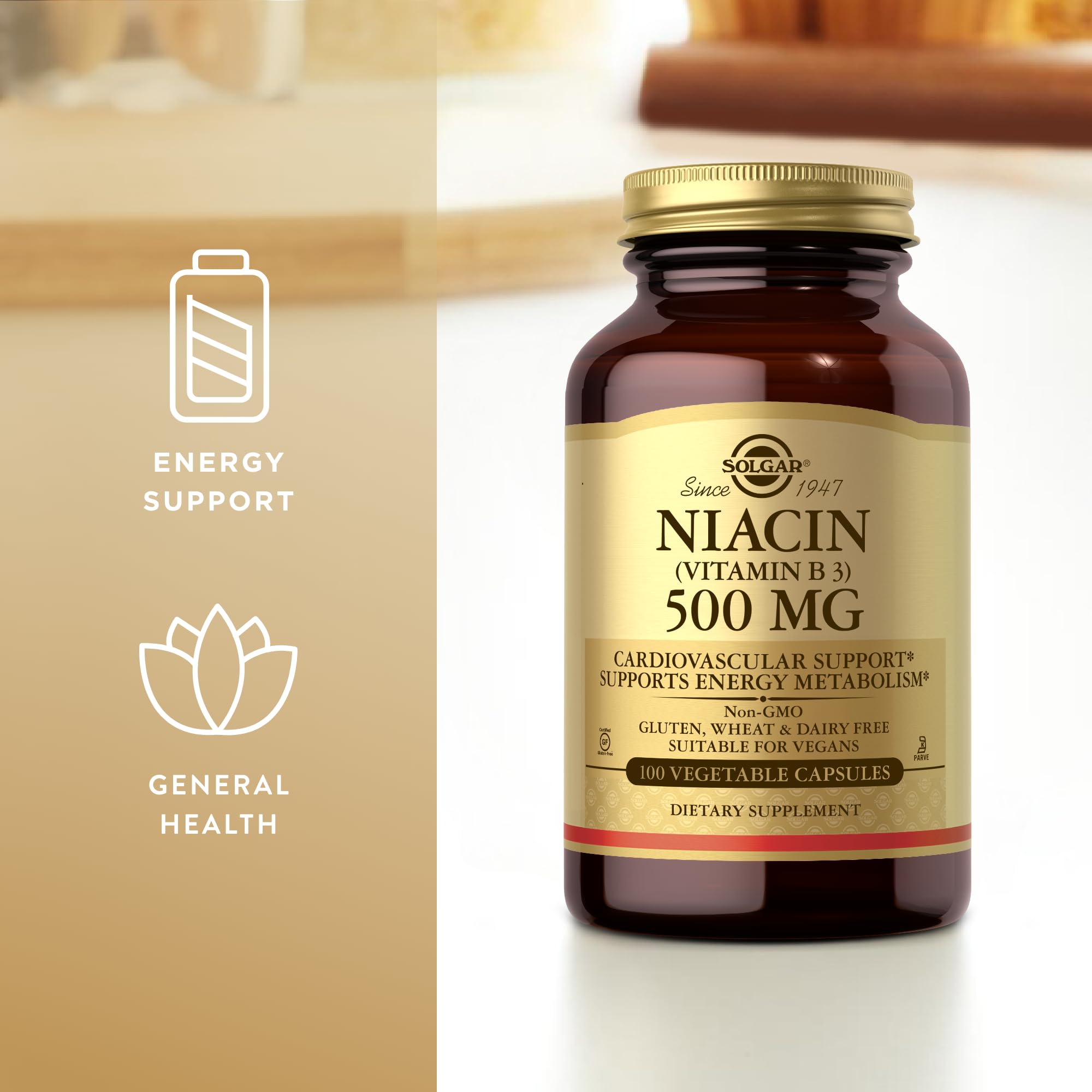 Solgar Niacin 500 mg capsules on a white background for daily use