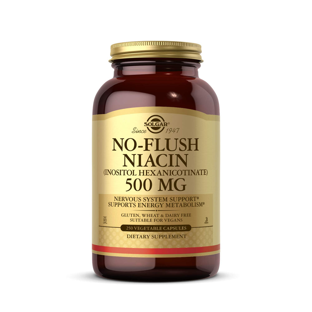 Solgar No-Flush Niacin 500 mg bottle, convenient daily energy metabolism support.