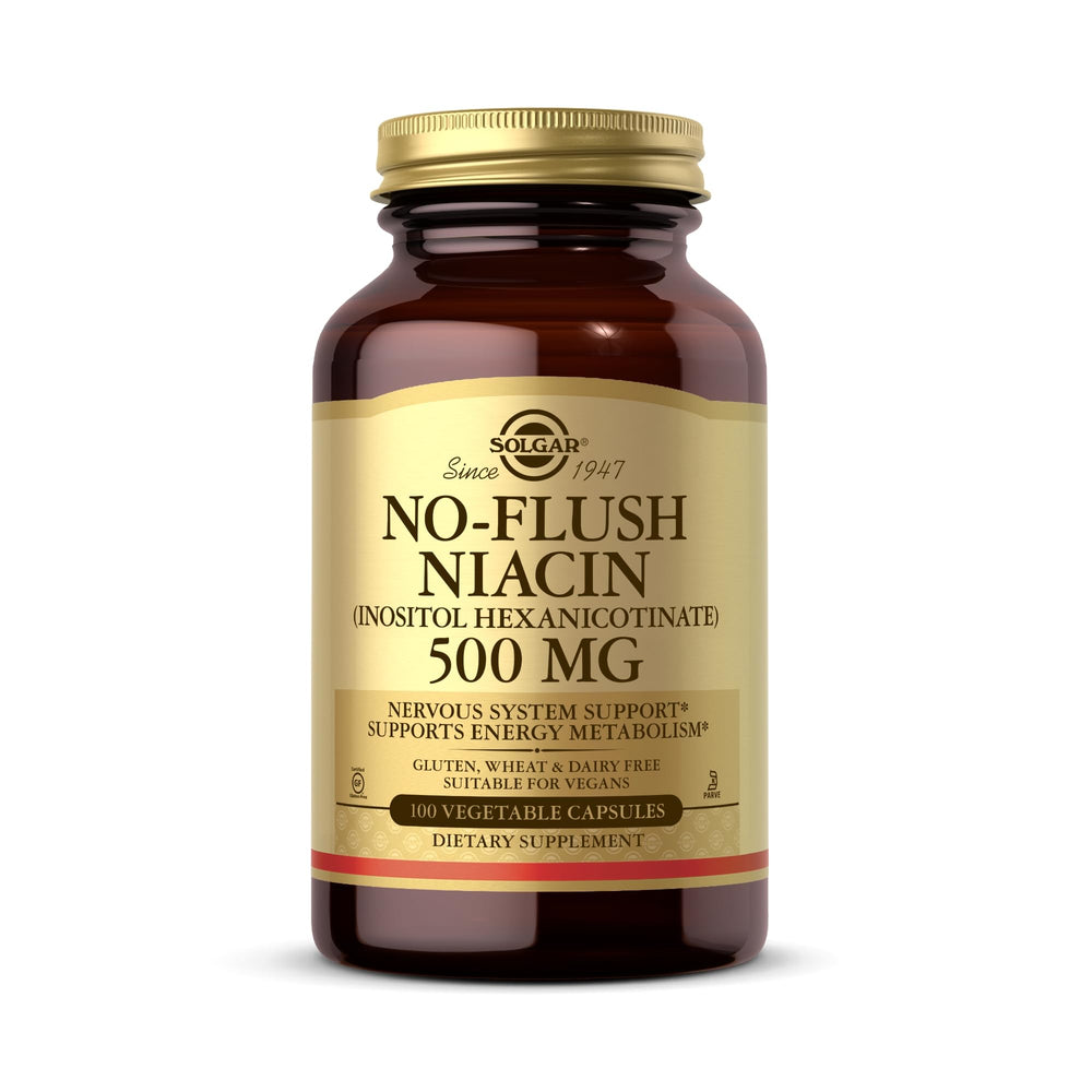 Solgar No-Flush Niacin 500mg bottle on shelf, convenient daily vitamin B3 intake.