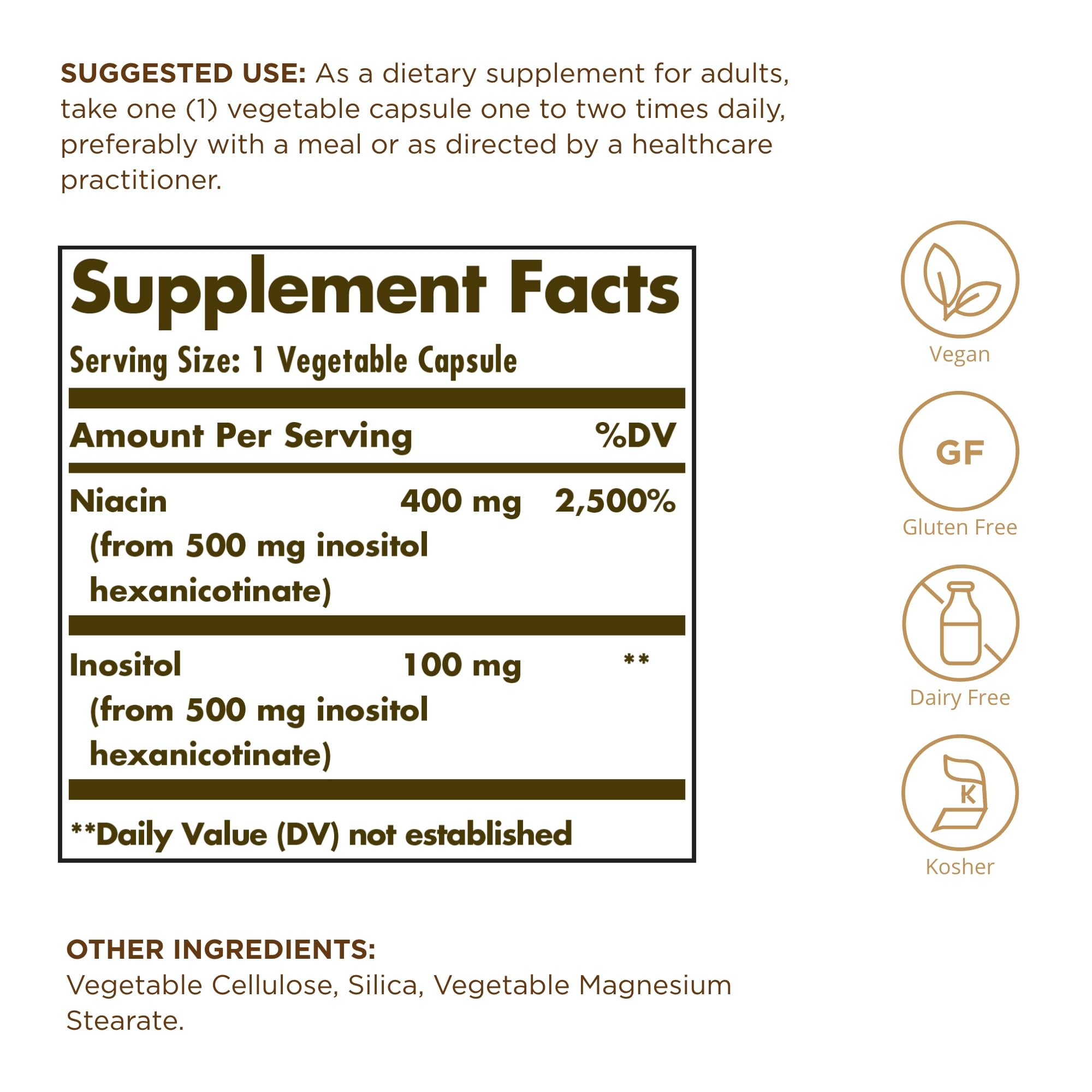 Solgar No-Flush Niacin 500mg capsules close-up, easy-to-swallow vegetarian capsules.