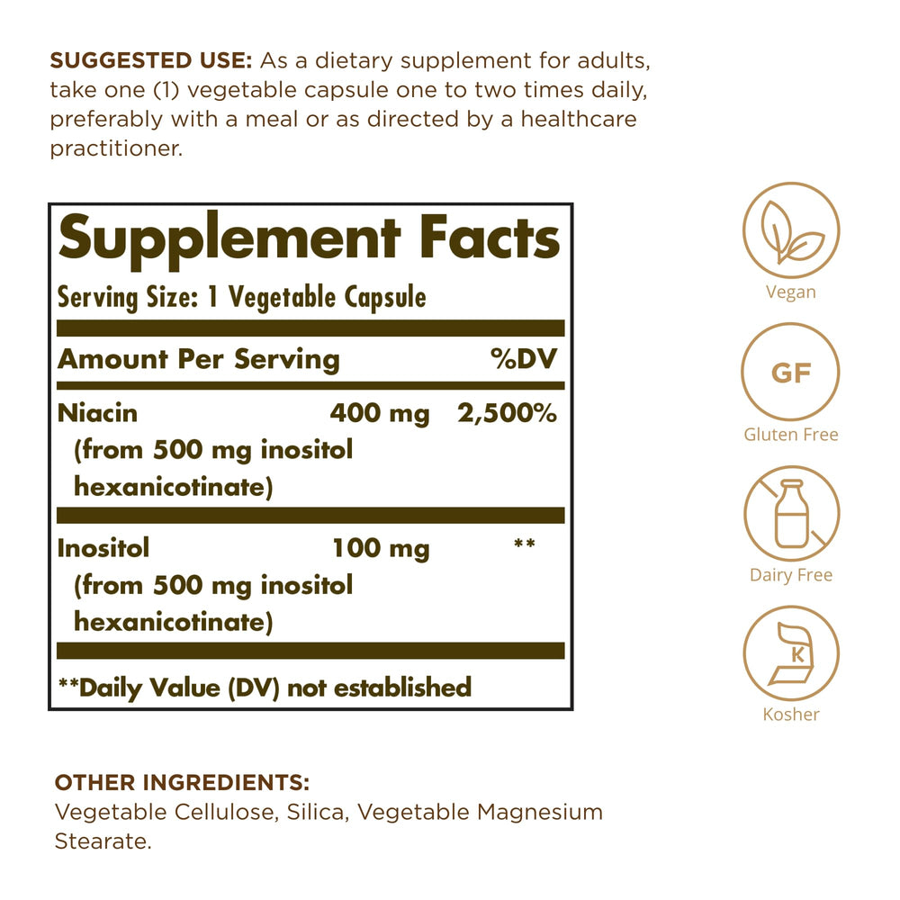 Solgar No-Flush Niacin 500mg capsules close-up, easy-to-swallow vegetarian capsules.