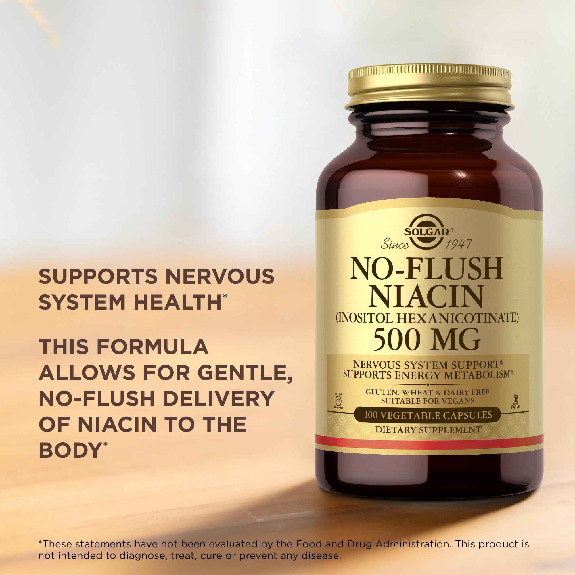 Solgar No-Flush Niacin 500mg nutrition facts panel for dose details.